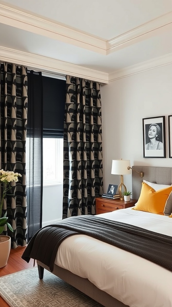 A stylish bedroom featuring bold patterned curtains, a cozy bed, and modern decor.