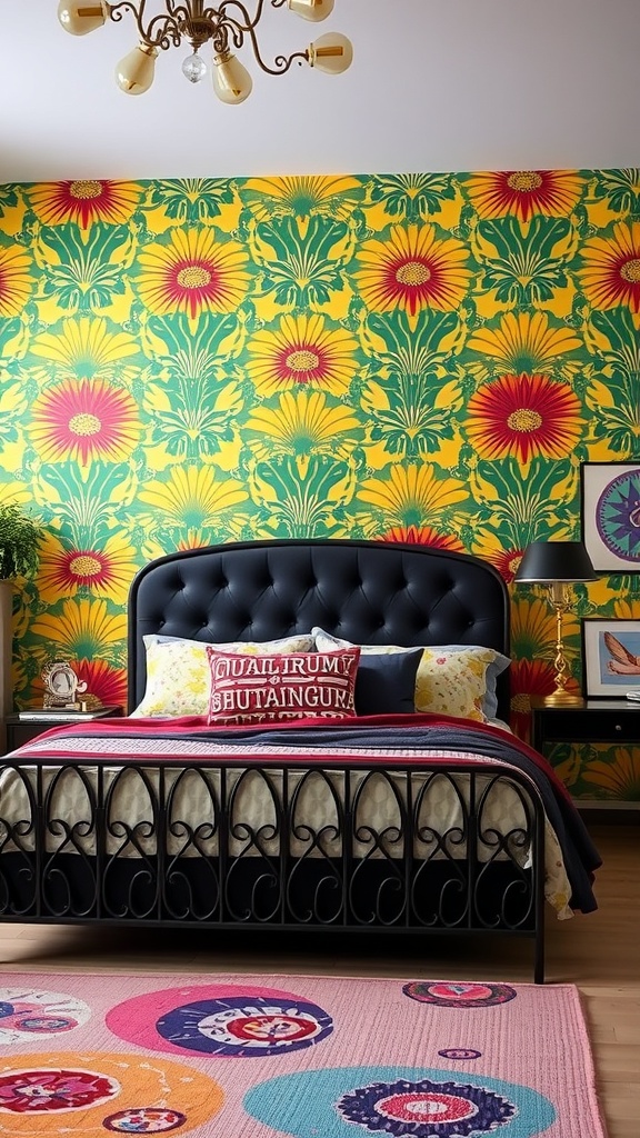 A bedroom featuring a black headboard with vibrant floral wallpaper and colorful bedding.