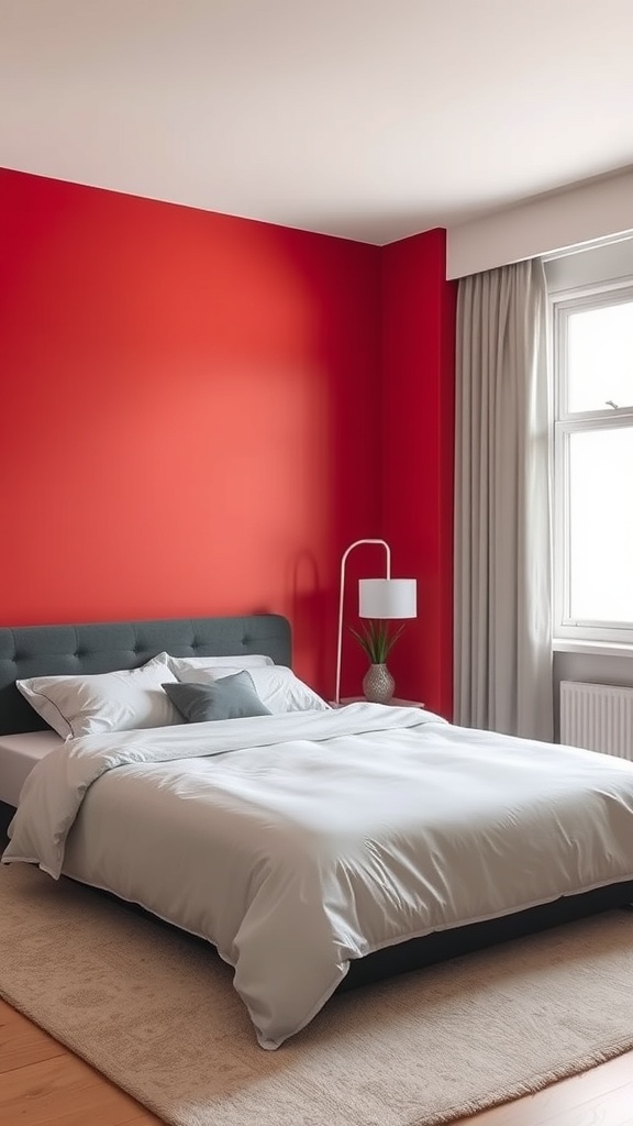 A bedroom featuring a bold red accent wall, gray bedding, and a stylish lamp.