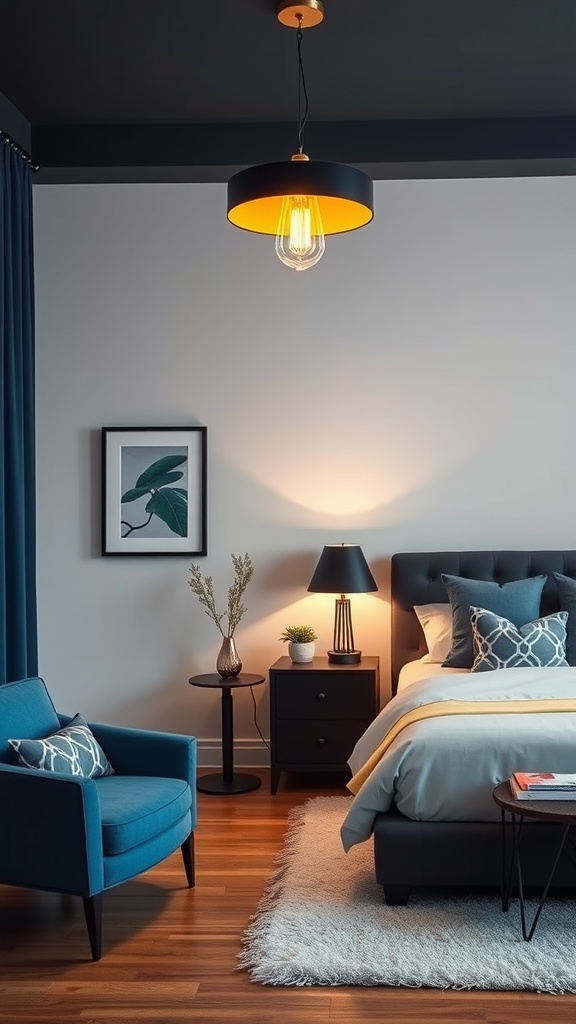 A stylish blue and black bedroom featuring a bold pendant light with a black exterior and yellow interior.