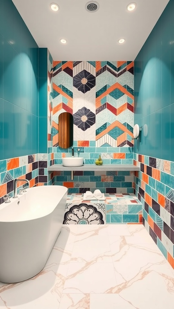 A modern luxury bathroom featuring bold tile patterns in turquoise, orange, and blue, with a freestanding bathtub and stylish decor.