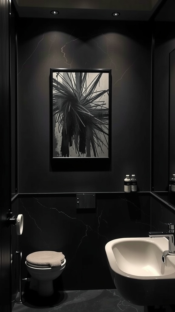 A dark bathroom featuring bold black-and-white wall art and moody lighting.