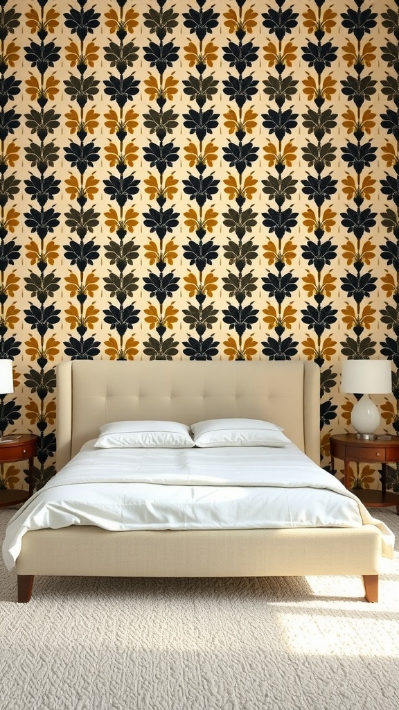 A bedroom featuring a beige bedframe and bold floral wallpaper in mustard yellow and navy.