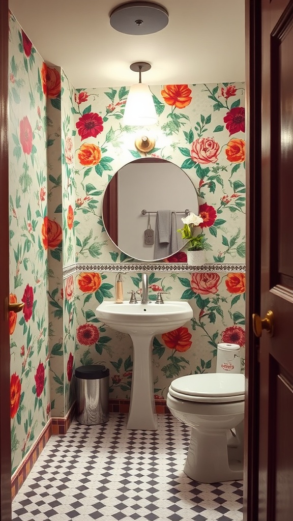 A colorful 70s style bathroom with bold floral wallpaper