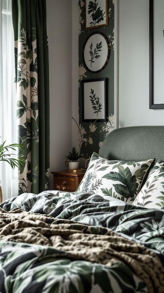 A green and black bedroom featuring botanical prints on bedding and curtains, with framed leaf art on the wall.