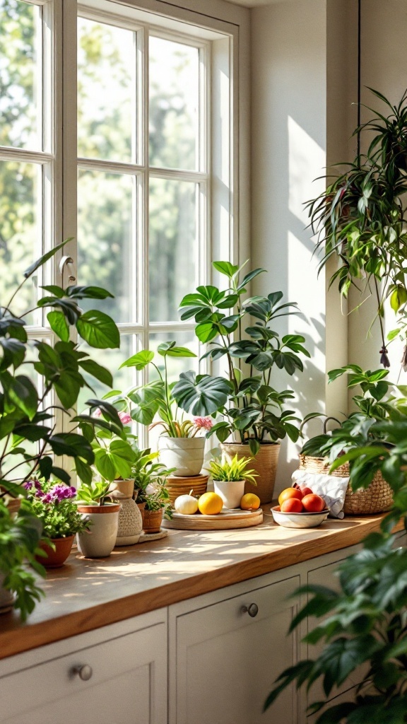 A bright kitchen nook with large windows, featuring various potted plants and fresh fruit on a wooden countertop.