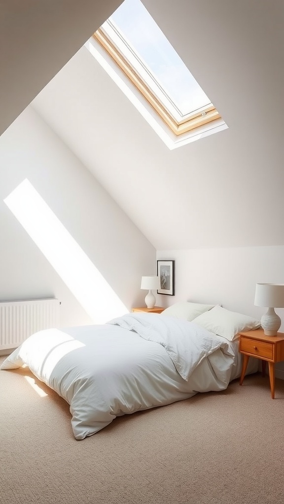 A bright attic bedroom with angled ceilings and a skylight, featuring a bed with white bedding and wooden nightstands.
