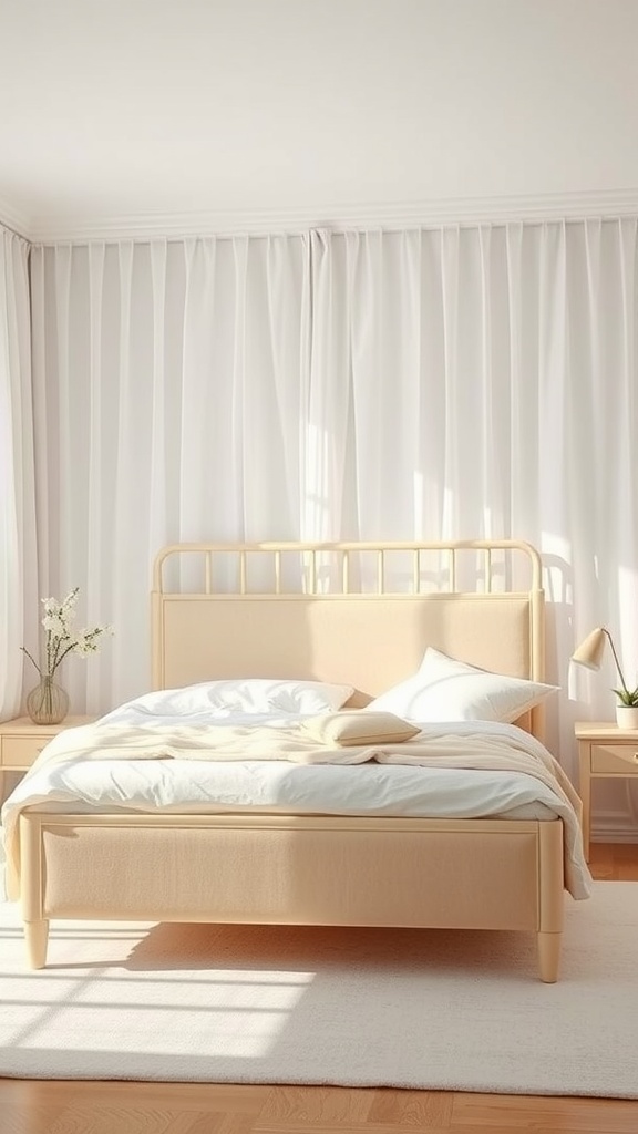 A bright bedroom featuring a beige bedframe, white curtains, and minimal decor, creating an airy atmosphere.