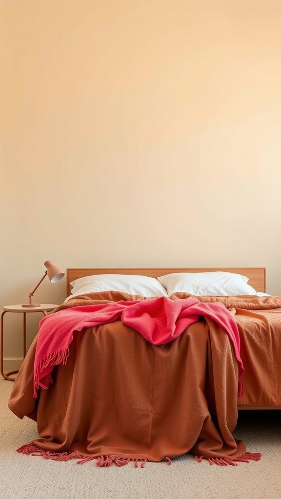 A beige bedroom with a bed covered in a brown blanket and a bright pink throw, complemented by a simple lamp and light walls.