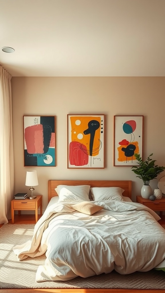 Bright abstract artwork displayed in a beige bedroom, enhancing the space with color.