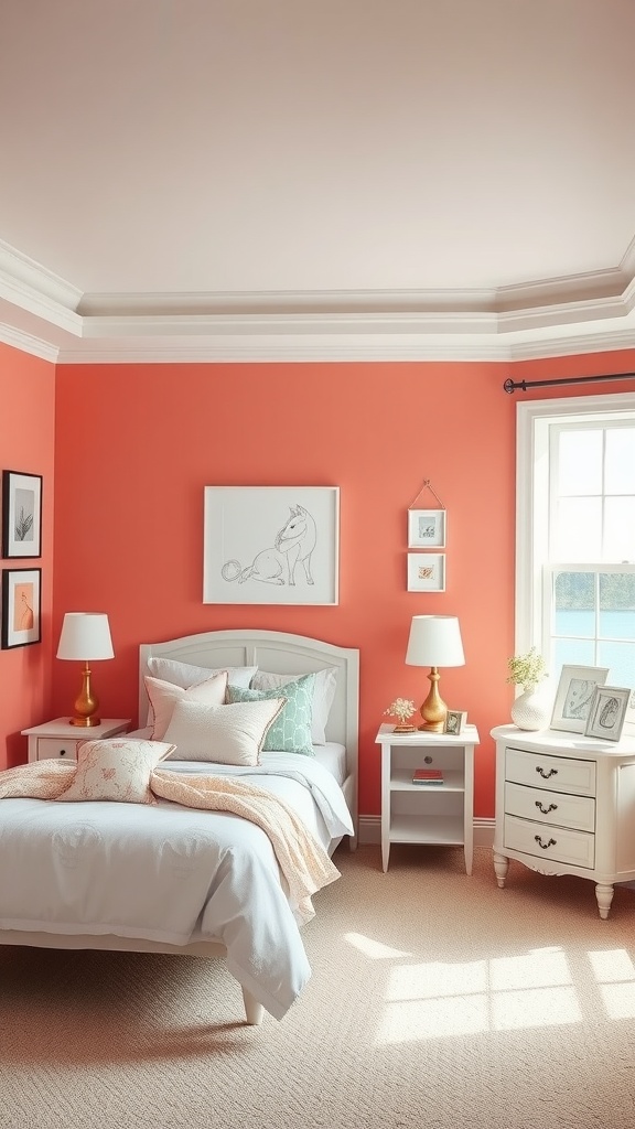 A bright coral accent wall in a girl's bedroom with white furniture and soft pastel bedding.