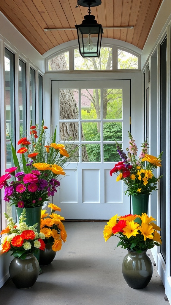 A small screened-in porch decorated with bright floral arrangements in vases.
