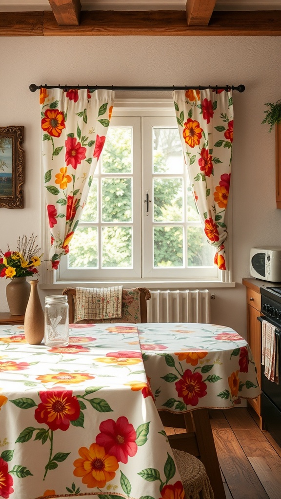 A cozy kitchen with bright floral curtains and tablecloth featuring vibrant colors.