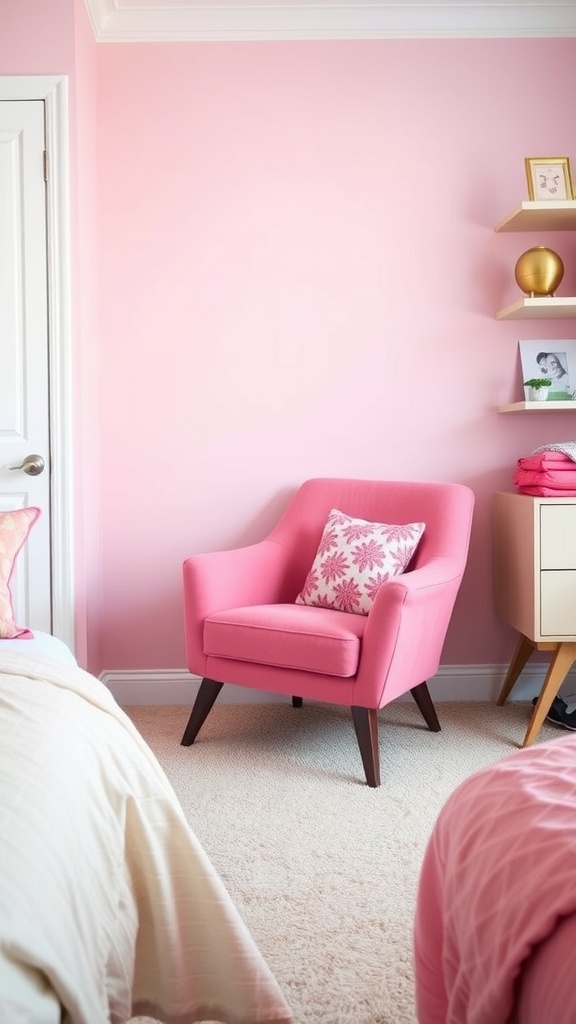 Bright pink accent chair with a floral pillow in a girly pink bedroom