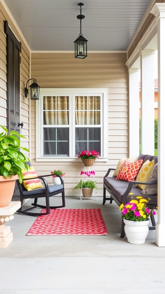 A small porch decorated with brightly colored accent pillows on chairs, a red patterned rug, and potted flowers.