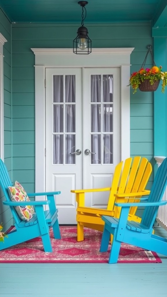 A small front porch with brightly colored furniture, featuring a yellow and turquoise chair, a pink rug, and teal walls.