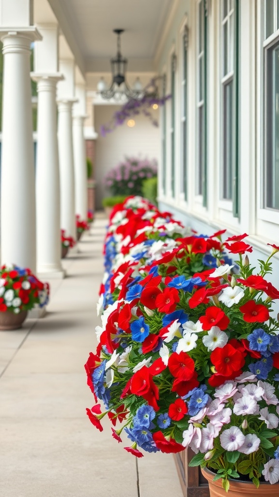 Colorful planters with red, white, and blue flowers on a porch