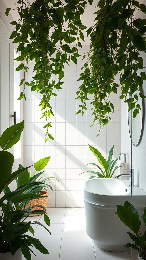A bright bathroom with hanging plants and potted greenery around a modern bathtub.