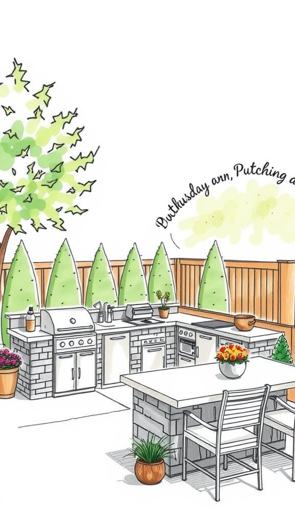 Illustration of a budget-friendly outdoor kitchen design with a grill, countertop, and plants.