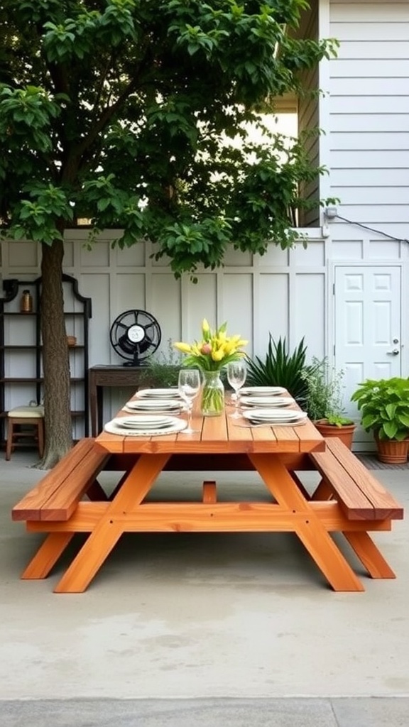 A wooden picnic table set for outdoor dining, adorned with flowers and surrounded by plants.