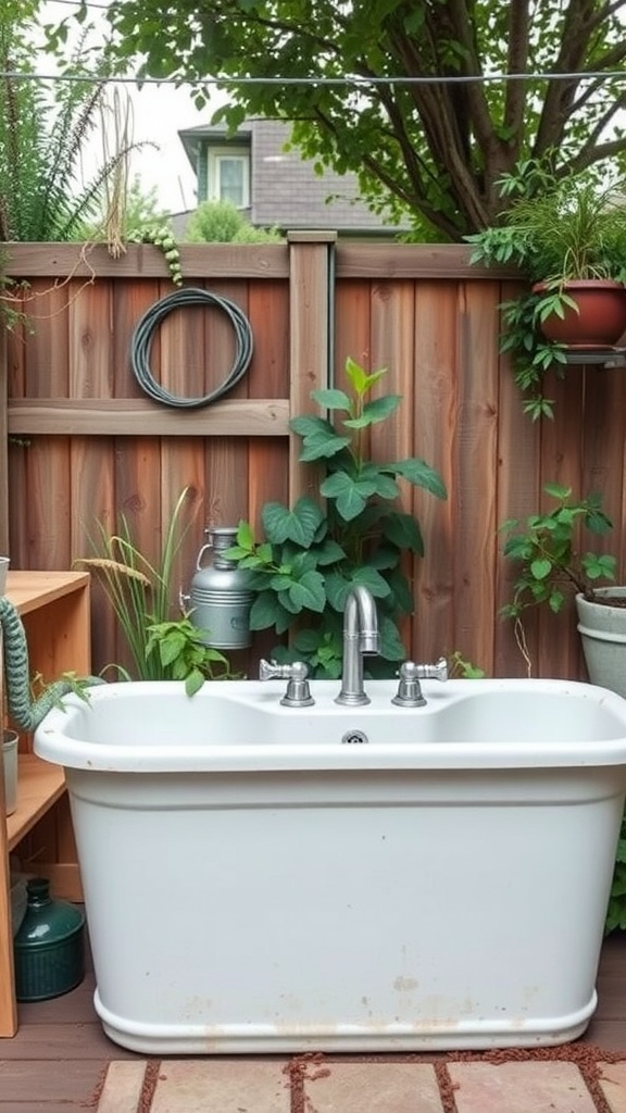 A white outdoor sink surrounded by greenery and wooden elements.