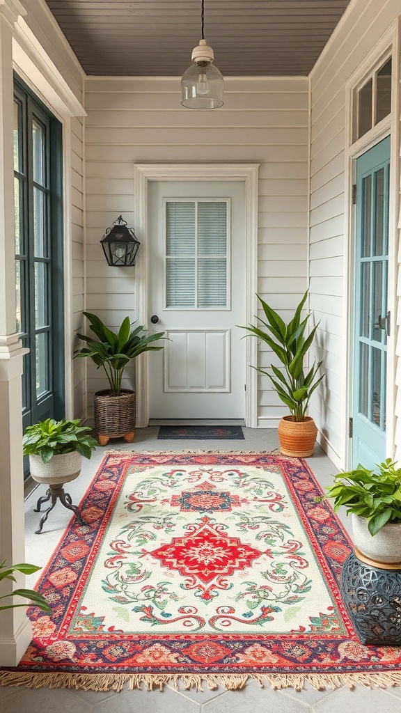 A small front porch featuring a colorful area rug, plants, and a welcoming door.