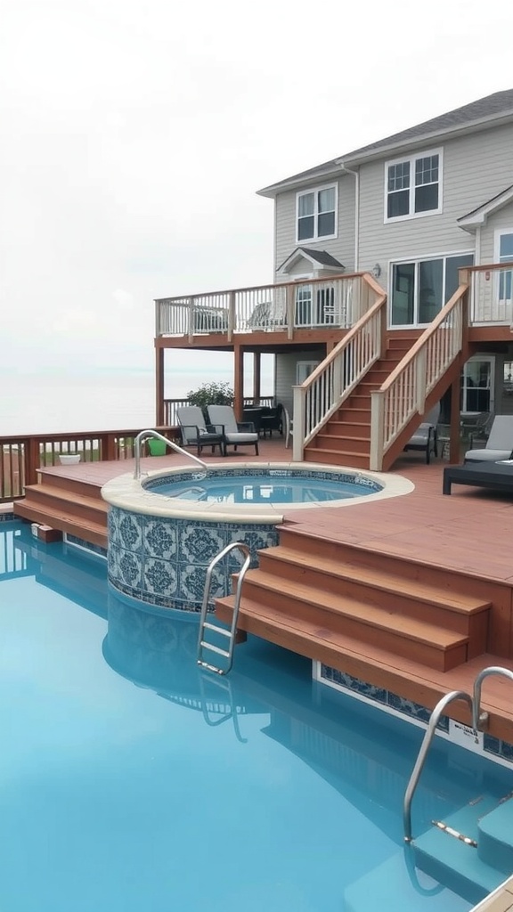 Multi-level deck surrounding an above-ground pool with steps leading to the water.