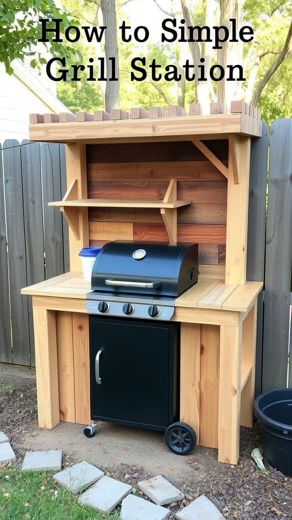 Simple grill station in an outdoor kitchen with wooden shelves and a grill