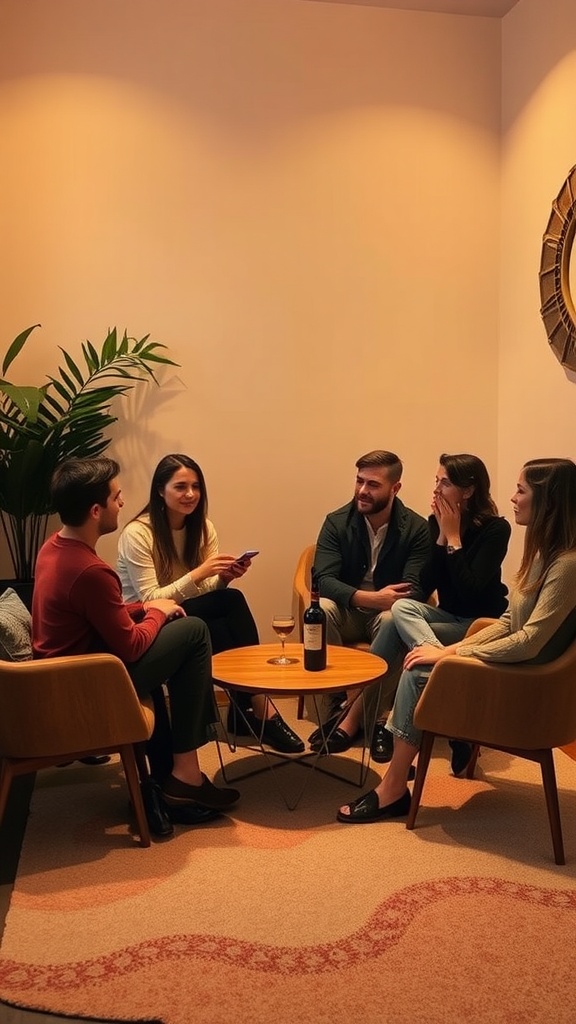 A group of friends sitting together in a cozy setting, sharing moments and laughter.