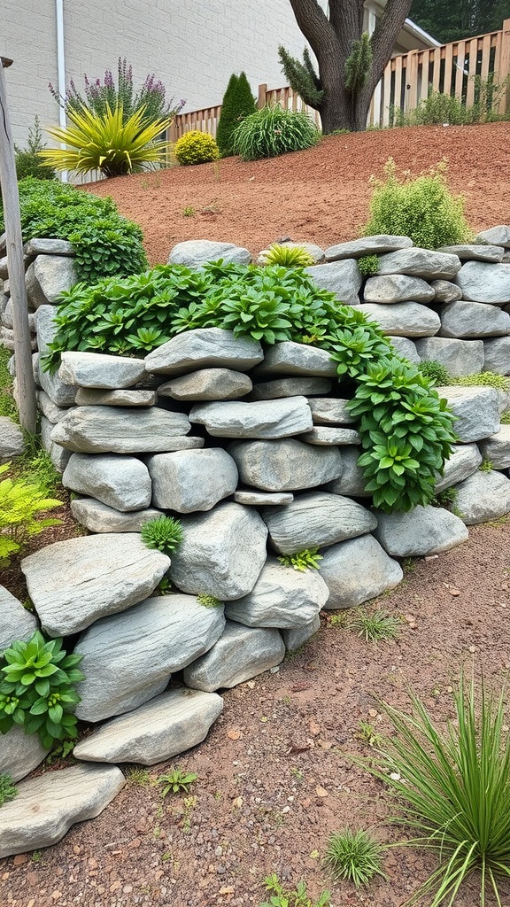 A stone retaining wall with green plants growing over it, set in a landscaped garden.