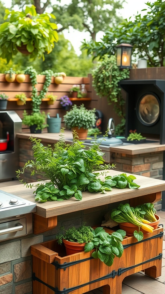 An outdoor kitchen featuring built-in planters filled with fresh herbs, showcasing a blend of wood and stone design.