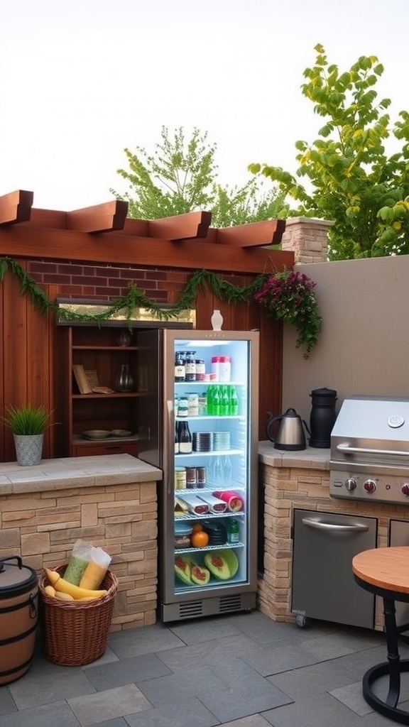 An outdoor kitchen featuring a built-in refrigerator, stone counters, and a grill.