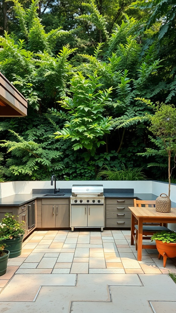 A stylish outdoor kitchen with built-in seating surrounded by lush greenery.