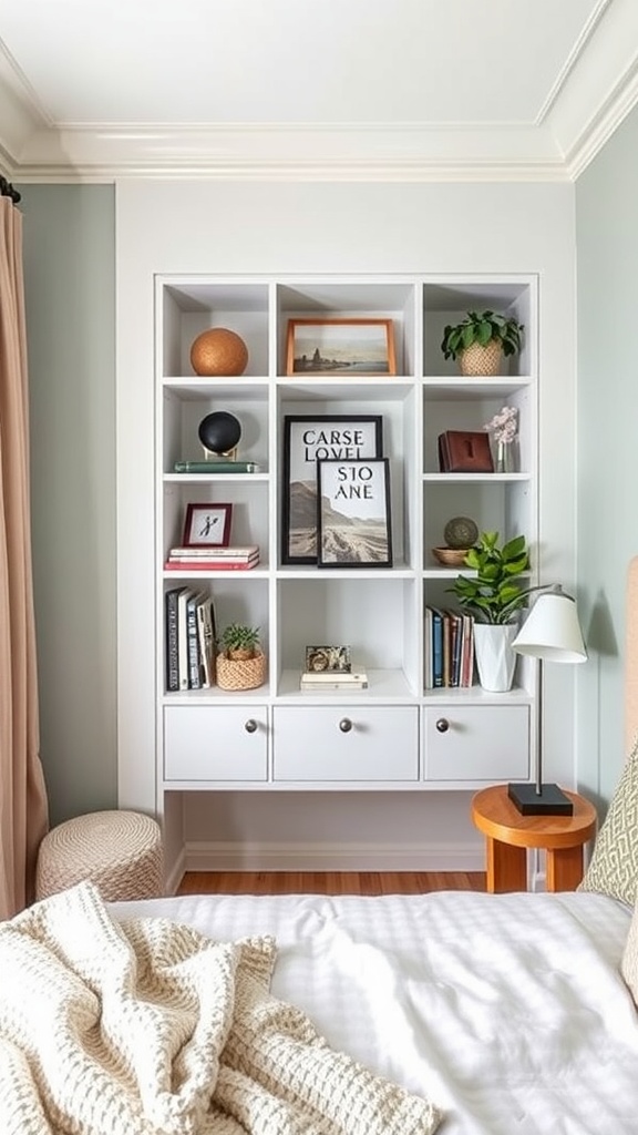 A modern built-in shelf in a cozy bedroom, showcasing books, decor, and plants.