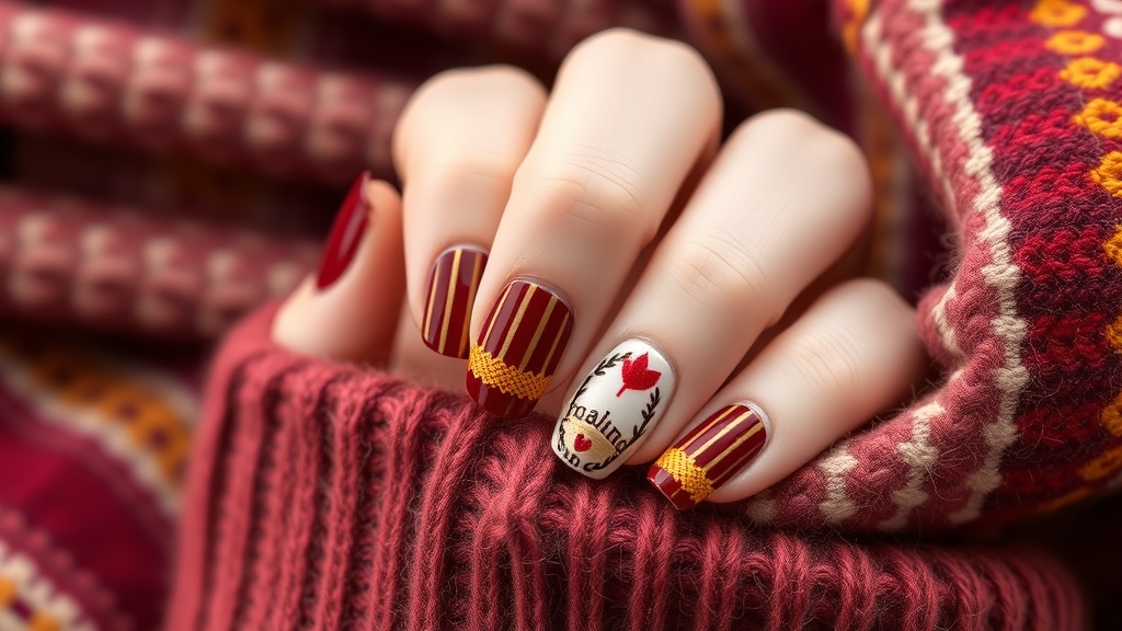 Nails featuring burgundy and mustard stripes with a cozy sweater background.