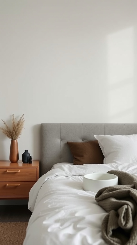 A minimal bedroom with calming decor, featuring a grey upholstered headboard, white bedding, a wooden nightstand, and soothing decorative elements.