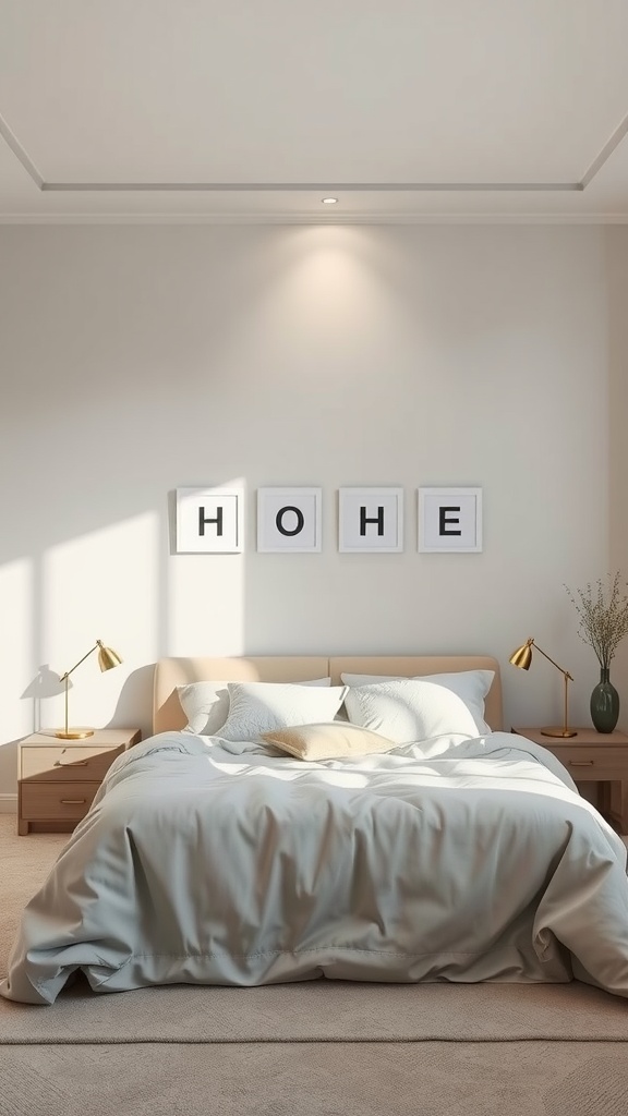 A cozy gray and beige bedroom with soft lighting and simple decor.