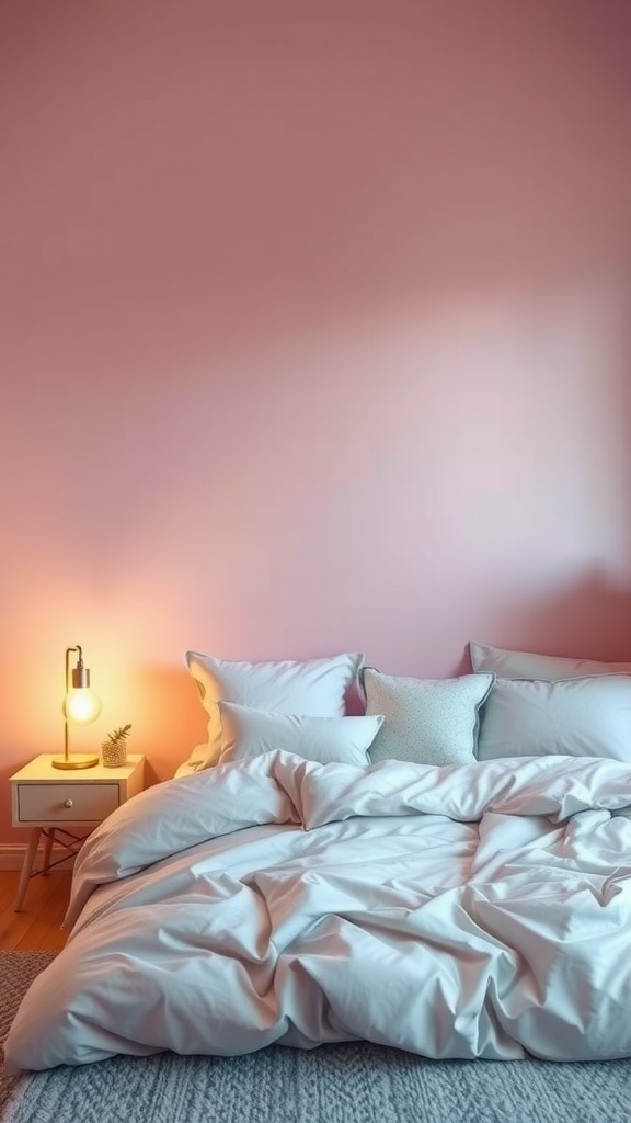 A cozy bedroom with a pastel pink accent wall, white bedding, and a bedside lamp.
