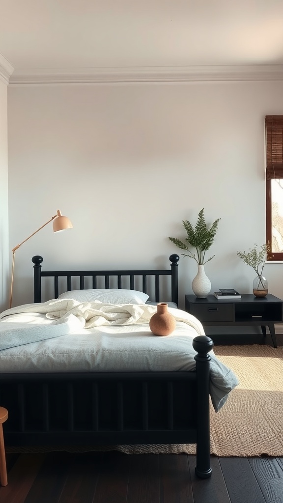 A serene bedroom featuring a black bedframe, soft bedding, a fern plant, and warm lighting.