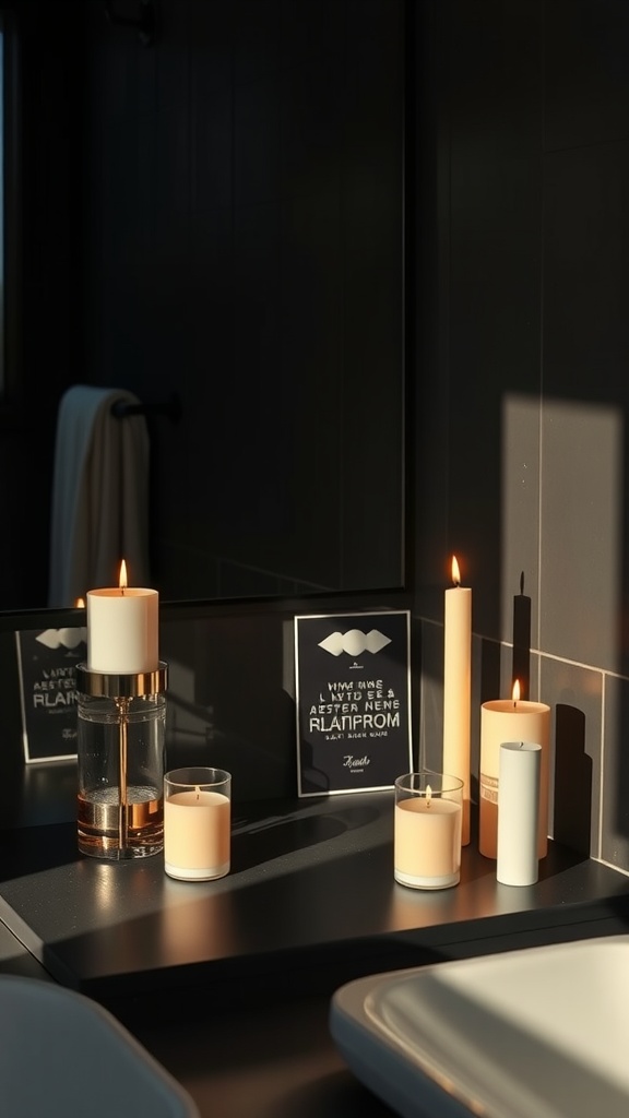 A dark bathroom countertop with various candles arranged for a cozy aesthetic.
