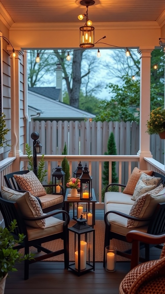 A cozy small back porch featuring lanterns and candles creating a warm glow, with comfortable seating and potted plants.