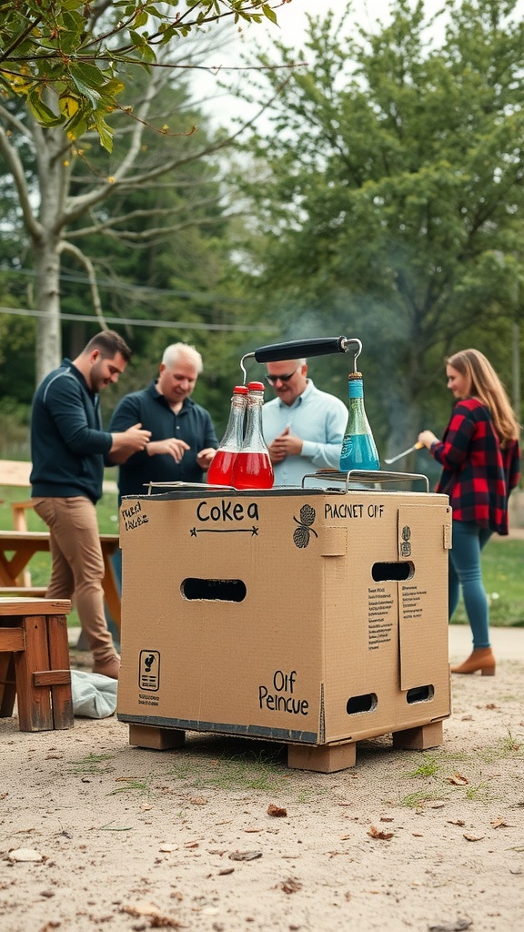 A group of friends around a cardboard grill with colorful drinks, enjoying an outdoor cooking experience.