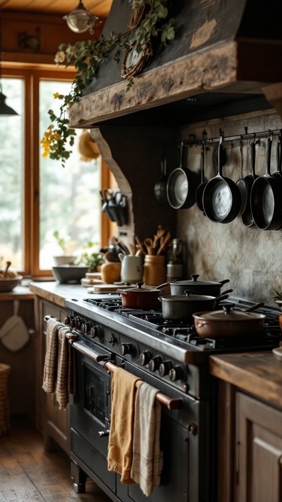 Cozy cabin kitchen with cast iron cookware hanging above the stove, showcasing a rustic and inviting cooking space.