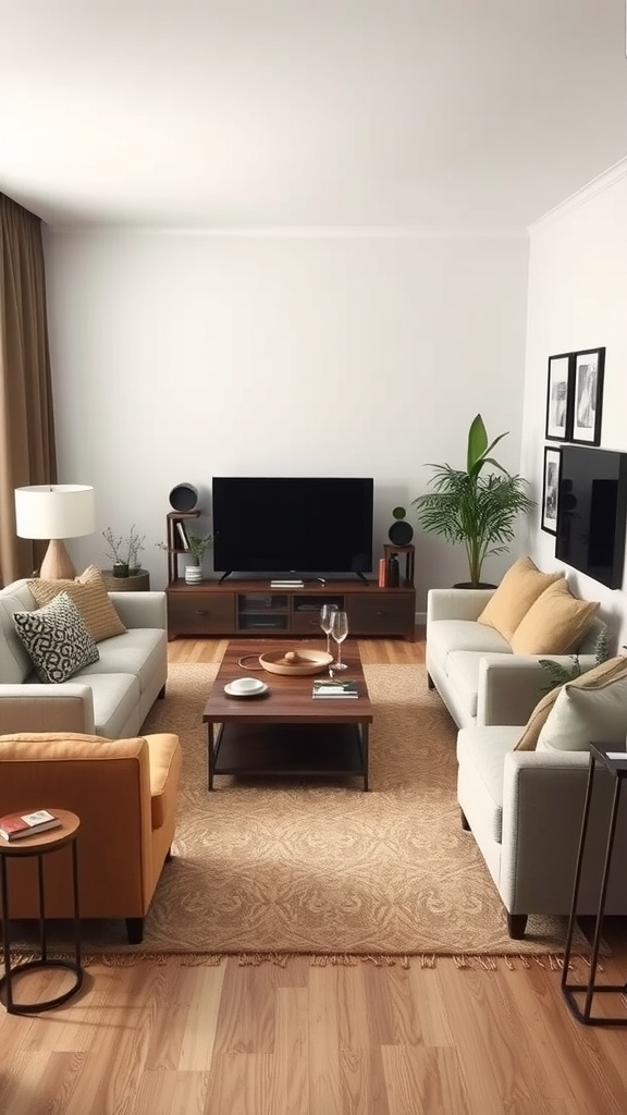 A cozy living room with light couches, an orange chair, and a coffee table, showcasing a casual layout.