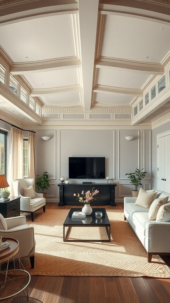 A bright living room with a coffered ceiling, featuring modern furniture and large windows.
