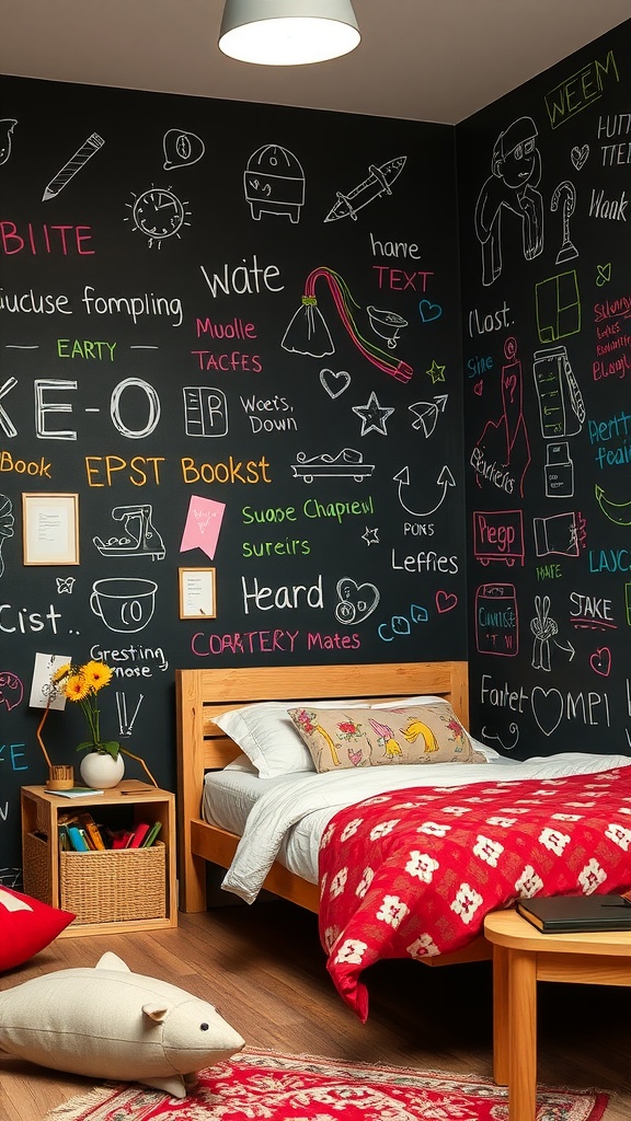 A cozy bedroom with a chalkboard wall filled with colorful drawings and notes, featuring warm wood furniture and soft bedding.