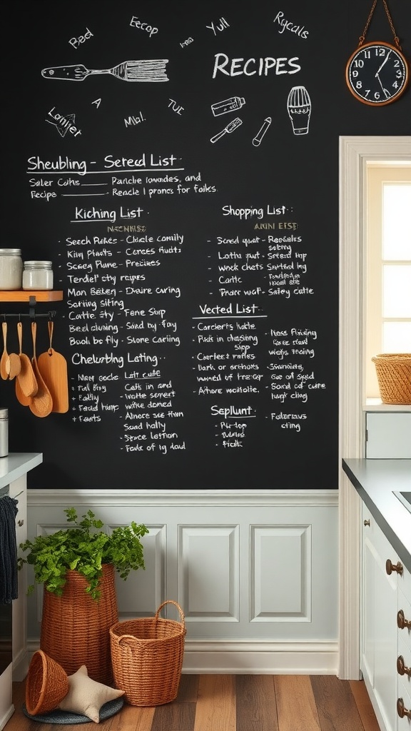 A chalkboard wall in a farmhouse kitchen displaying recipes and lists for meal preparation.