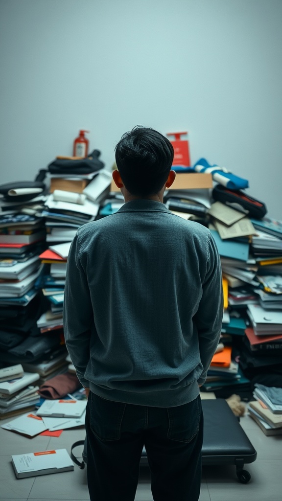 A person standing in front of a large pile of clutter, looking overwhelmed.
