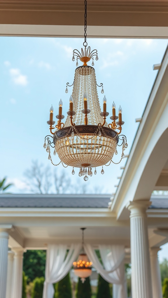 A beautiful chandelier hanging in a covered patio, showcasing intricate design and elegant lighting.