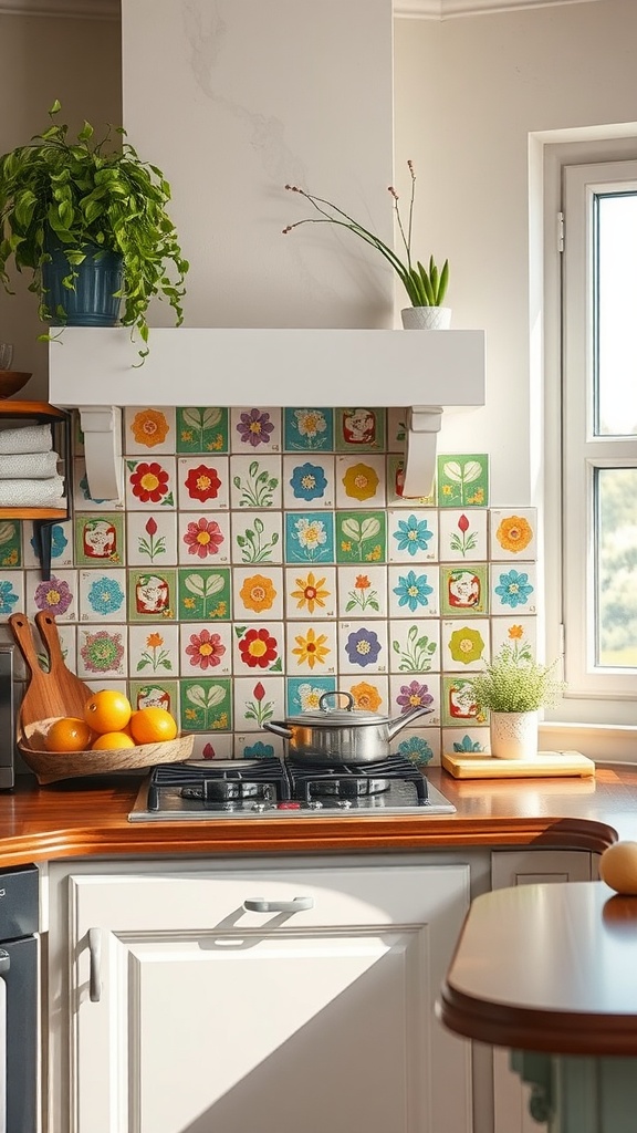 Colorful floral tiles as a kitchen backsplash, with a warm wooden countertop and plants in the window.